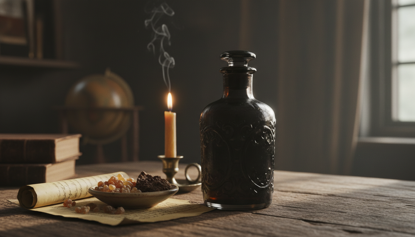 Garrafa antiga de perfume escura sobre mesa de madeira, com incenso (olíbano), mirra em um prato cerâmico, pergaminho envelhecido e vela acesa com fumaça fina, luz natural lateral suave.