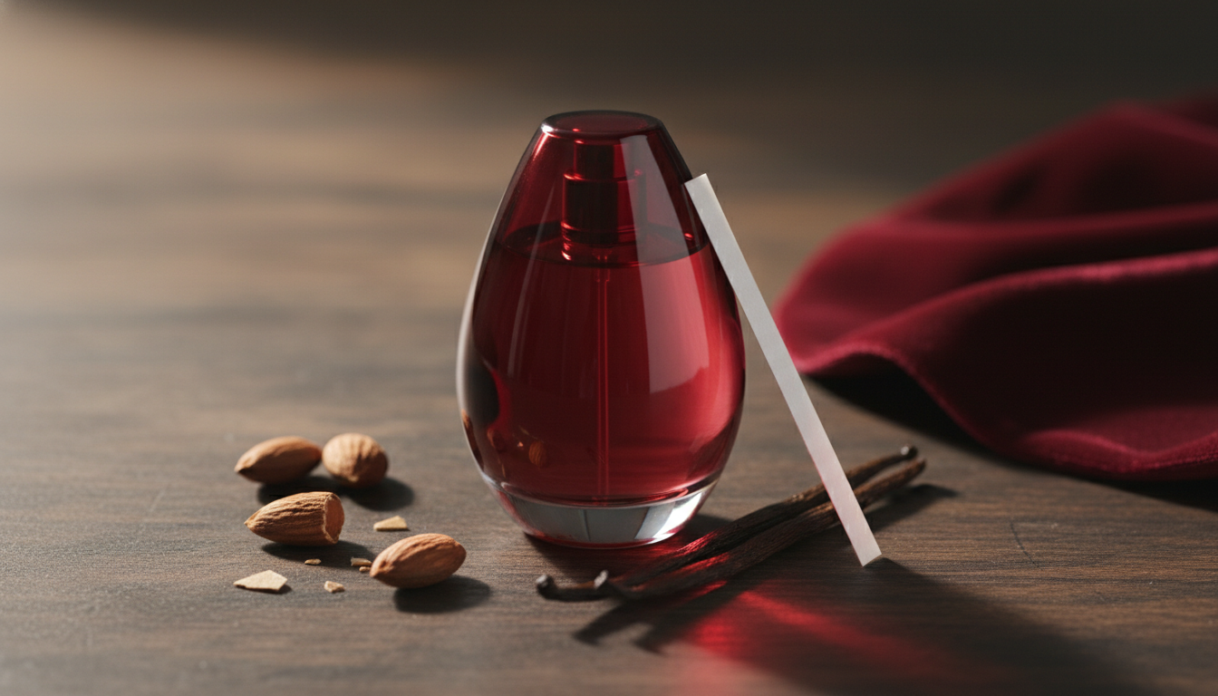 Frasco vermelho em formato gota sobre mesa de madeira escura, com amêndoas partidas, vagem de baunilha e uma tira de teste apoiada no frasco; iluminação suave e fundo levemente desfocado.