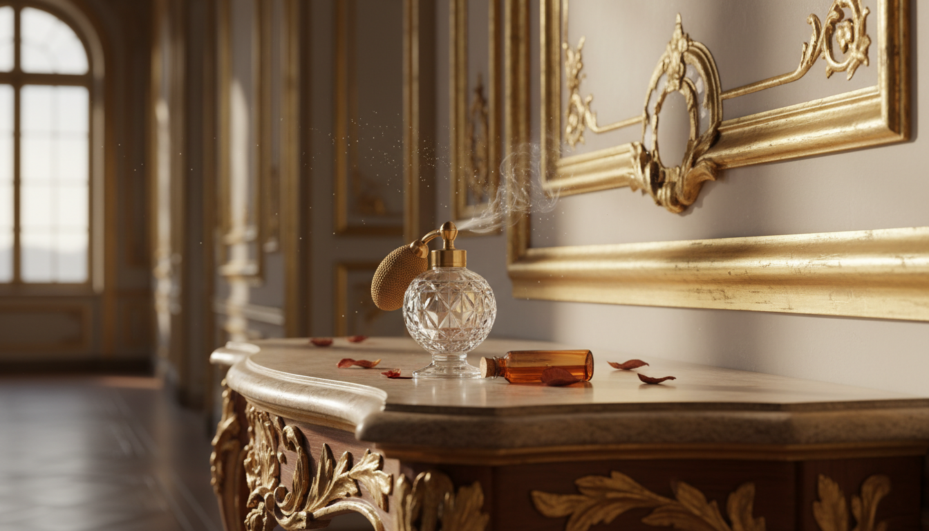 Frasco antigo de perfume em cristal sobre um console dourado em corredor palaciano, com pétalas secas e partículas de poeira na luz