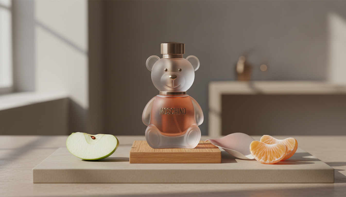 Frasco do Moschino Toy 2 em vidro fosco em forma de ursinho sobre superfície neutra, com fatia de maçã verde, gomo de tangerina e pétala de flor ao redor, fotografia editorial com luz natural.