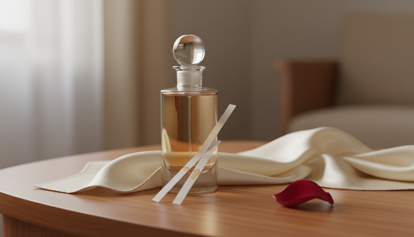 Frasco de perfume sem marca sobre mesa de madeira, com duas tiras olfativas manchadas, lenço de seda e uma pétala de rosa, iluminação natural suave.
