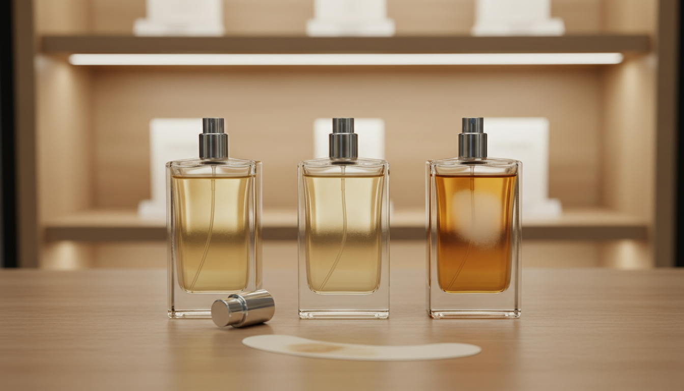 Frascos de perfume premium sobre mesa de madeira: um frasco central elegante, dois frascos ao lado com níveis e tonalidades de líquido diferentes, um borrifador solto e uma tira de teste, com prateleira desfocada ao fundo.