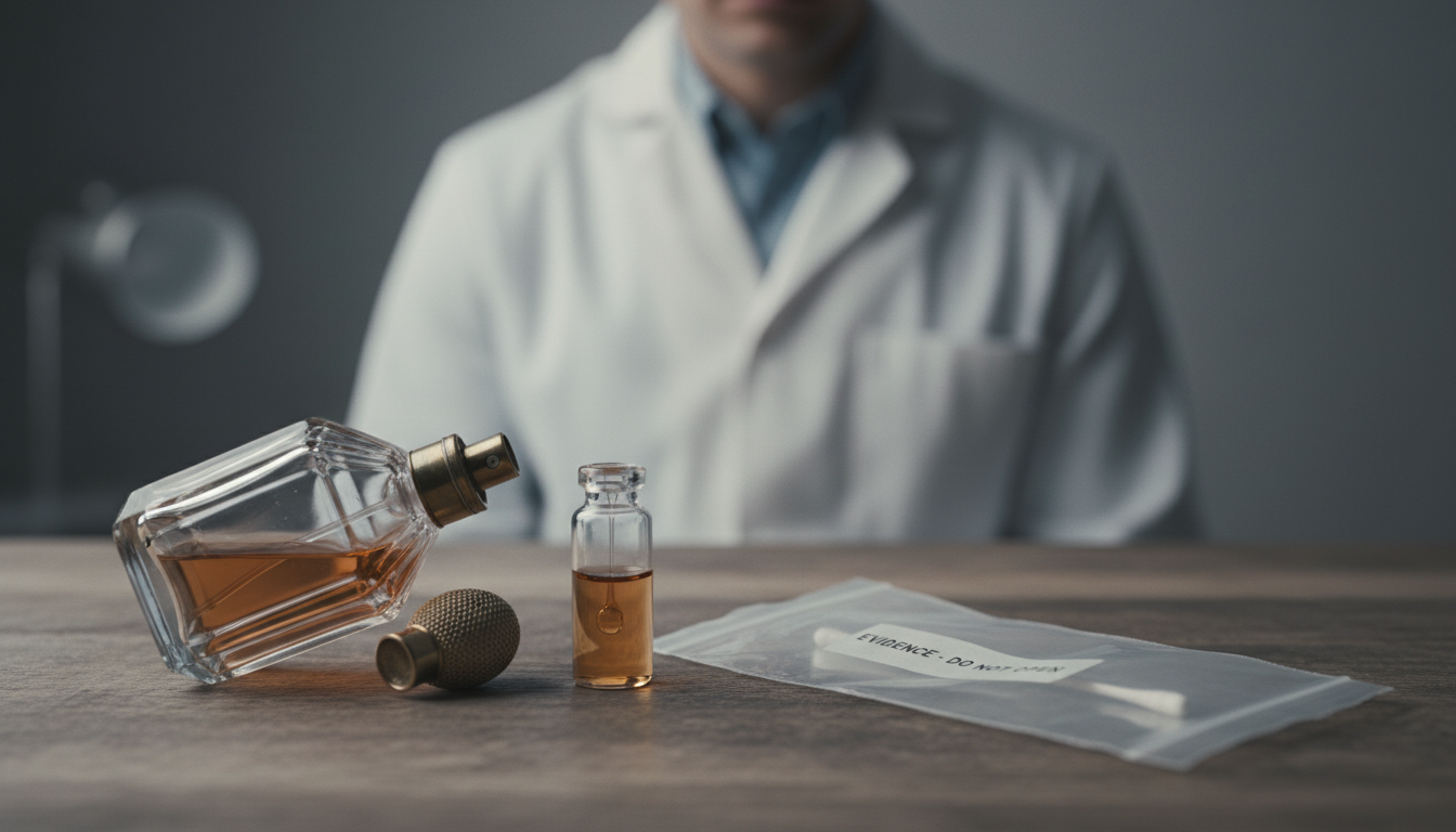 Frasco de perfume elegante tombado sobre mesa de madeira, com pequeno frasco contendo líquido âmbar e um saco transparente com um cotonete; ao fundo, figura parcial desfocada em jaleco.