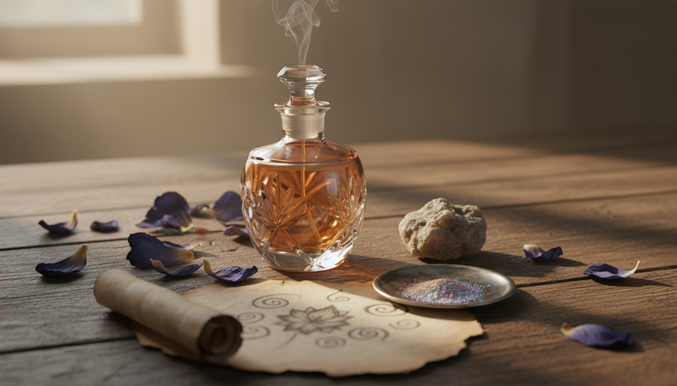 Bancada de alquimista com frasco antigo de perfume, pétalas de lótus azul secas, pedaço de âmbar gris e um pequeno prato com pó cintilante, em luz natural suave.