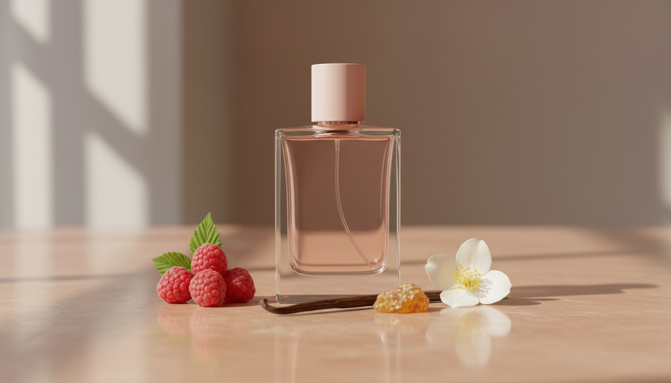 Frasco retangular rosé de perfume sobre superfície texturizada, acompanhado por framboesas, flor de jasmim e fava de baunilha com resina âmbar, em luz natural suave.