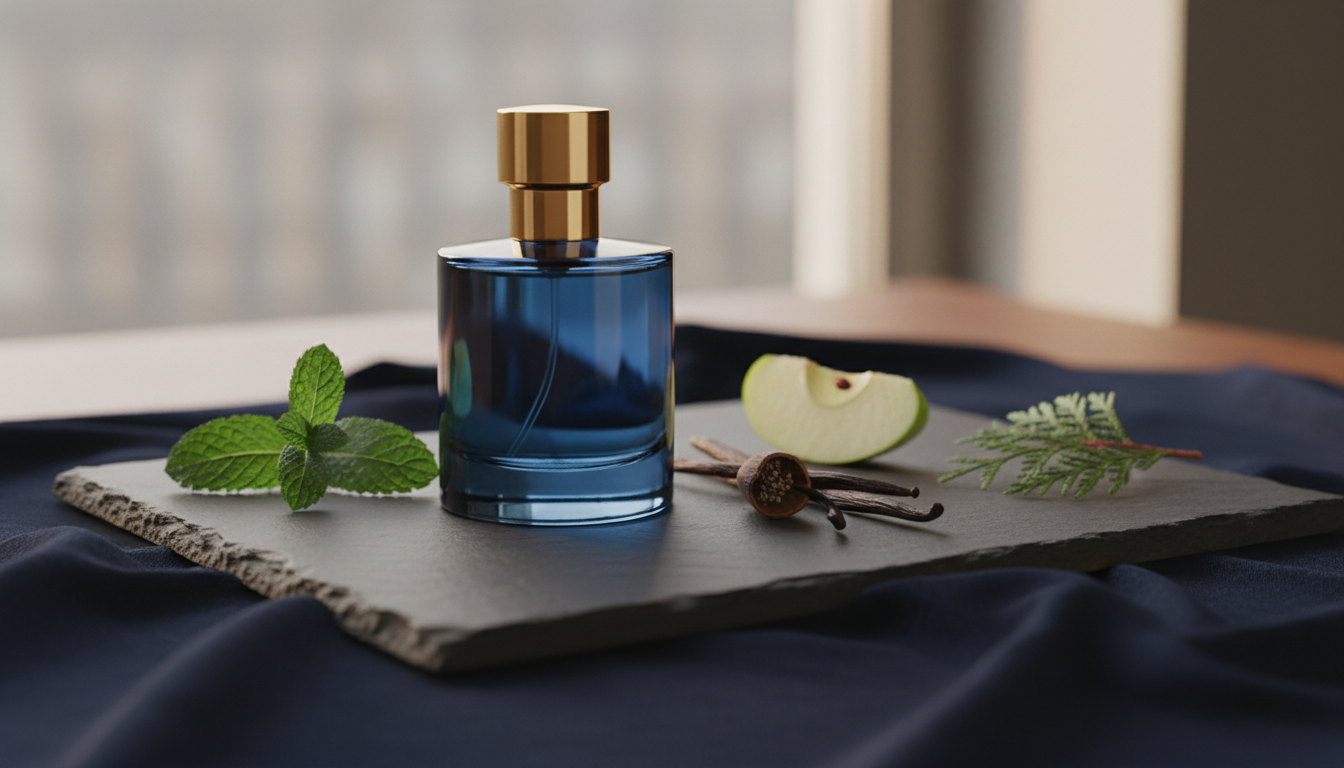 Frasco azul escuro de perfume sobre superfície escura com hortelã, fatia de maçã verde, fava de baunilha e um galho de cedro, iluminação suave.