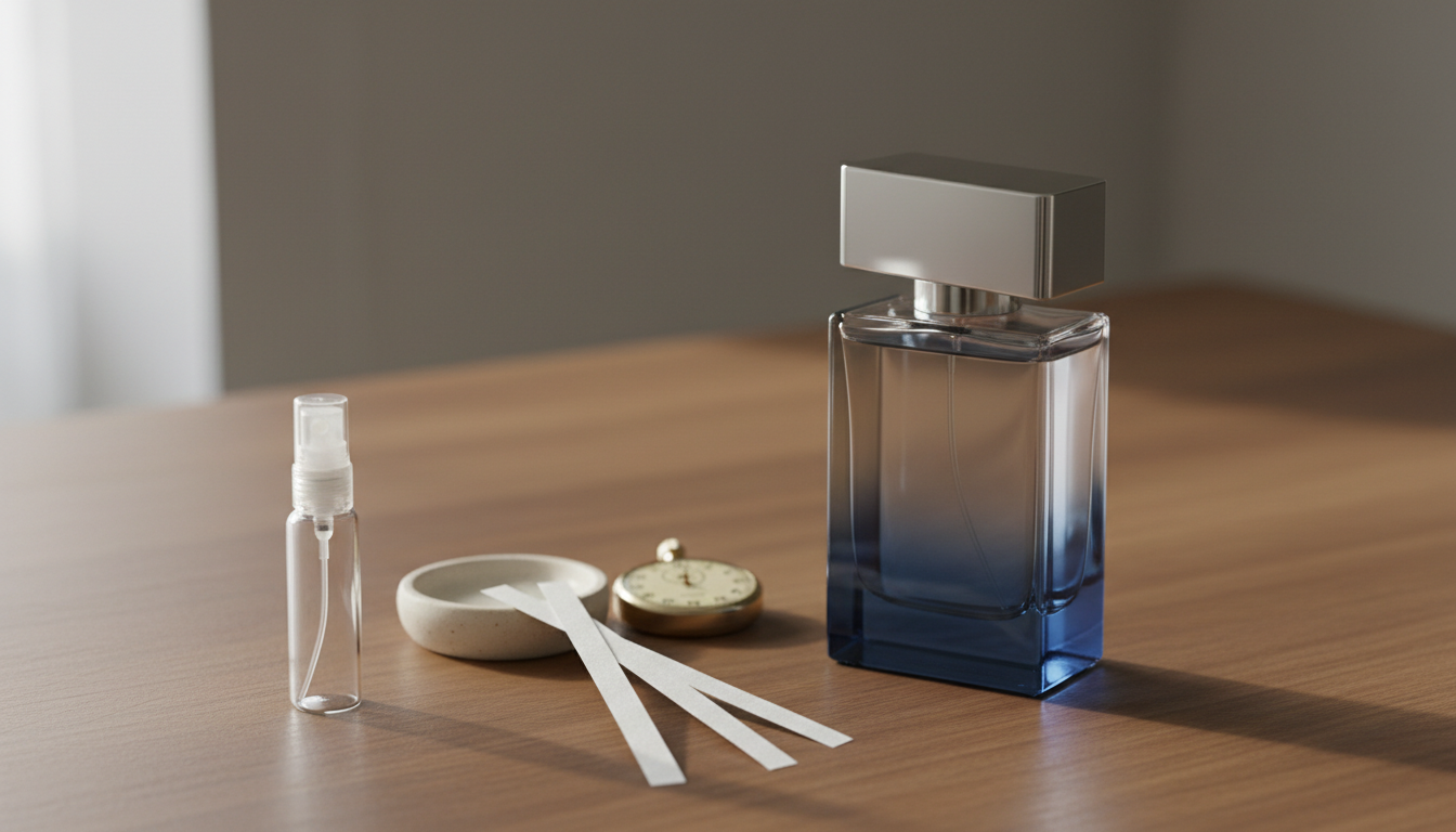 Frasco de perfume sem marca sobre mesa de madeira, com decant, palhetas de papel para teste e um cronômetro vintage, em iluminação natural editorial.
