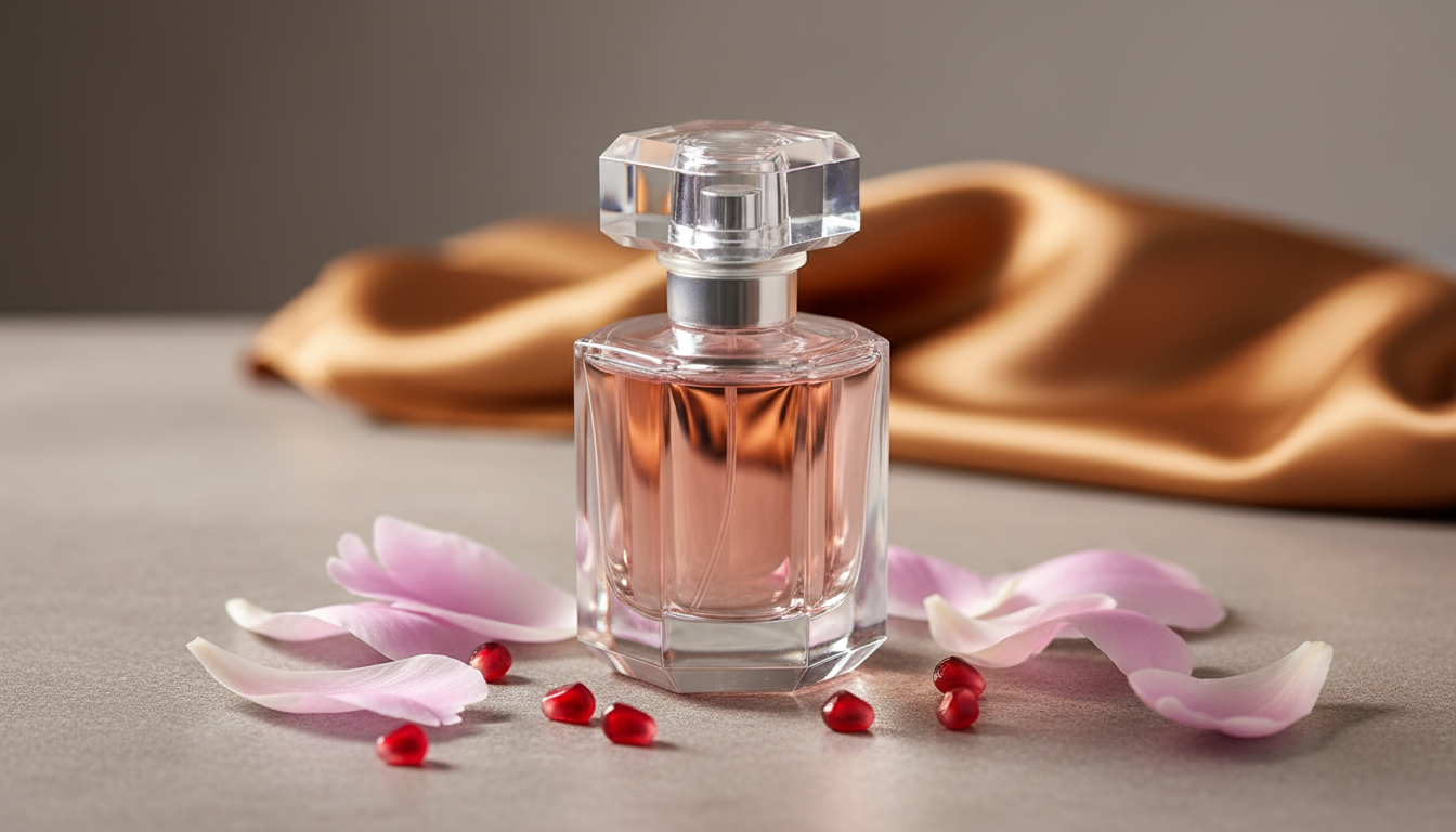 Frasco de perfume cristalino com líquido rosa pálido sobre superfície de pedra, rodeado por pétalas de peônia e sementes de romã, iluminação natural suave.