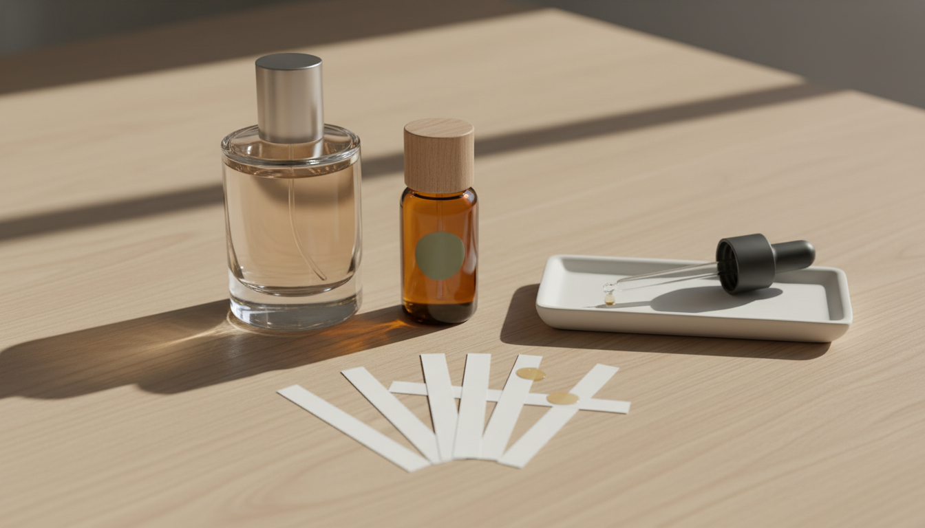 Dois frascos de perfume sobre mesa de madeira com tiras olfativas e uma pipeta, sugerindo teste e comparação entre um frasco elegante e um frasco simples tipo contratipo.