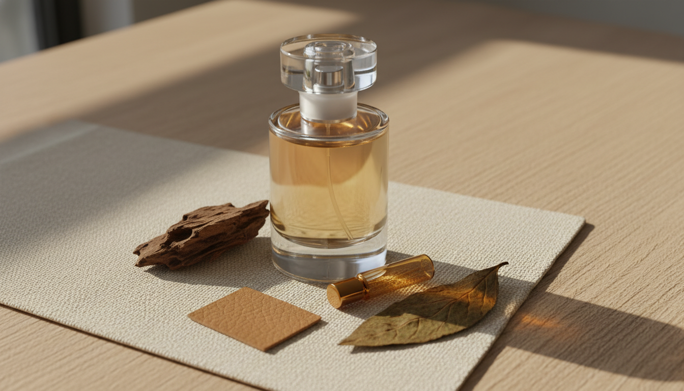 Composição editorial: frasco de perfume sem marca e um frasco‑amostra âmbar sobre mesa de madeira, com pedaço de oud e um pedaço de couro ao lado, luz natural suave