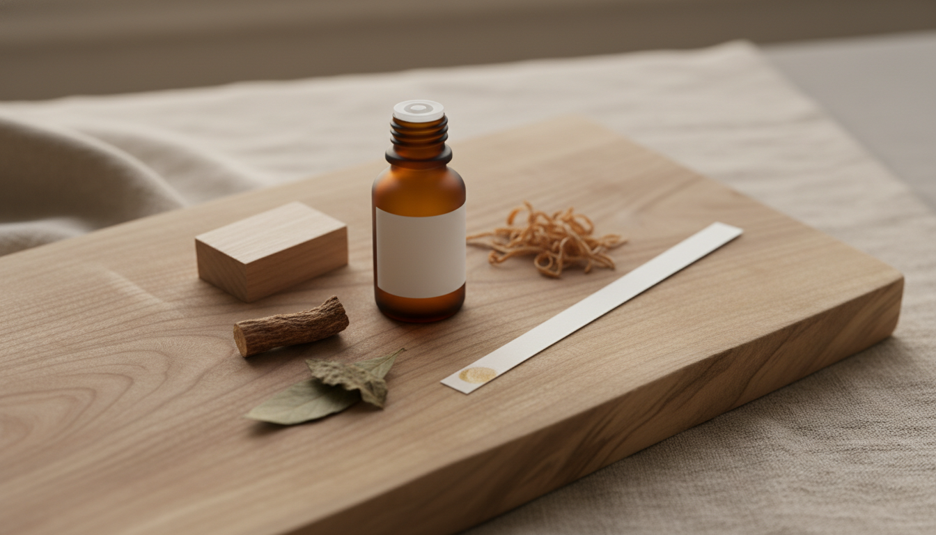 Frasco neutro de perfume sobre uma placa de madeira com amostras de sândalo, cedro, vetiver e patchouli e uma tira de papel de teste