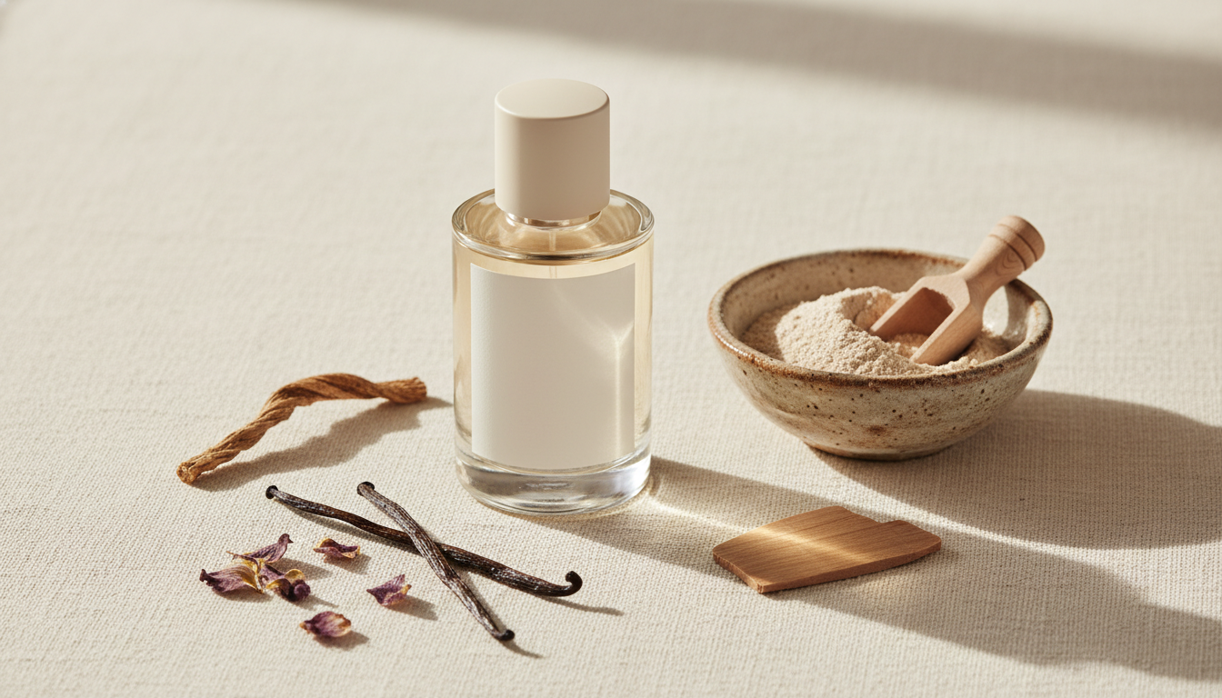 Natureza morta editorial: frasco de perfume sem rótulo sobre linho creme, tigela com pó de íris (orris), raiz de íris seca, pétalas de violeta espalhadas e pedaço de sândalo com fava de baunilha.
