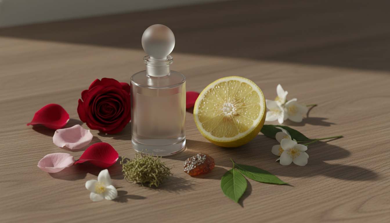 Frasco clássico de perfume sem rótulo sobre uma superfície texturizada, com uma bergamota cortada, pétalas de rosa e um pequeno agrupamento de musgo de carvalho, patchouli e bálsamo (lábdano), em luz natural.