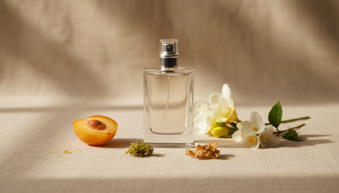 Frasco de perfume de vidro elegante sobre superfície de linho bege, cercado por meia mirabelle suculenta, flores de frésia, um ramo de jasmin e um pequeno pedaço de musgo para sugerir notas terrosas.