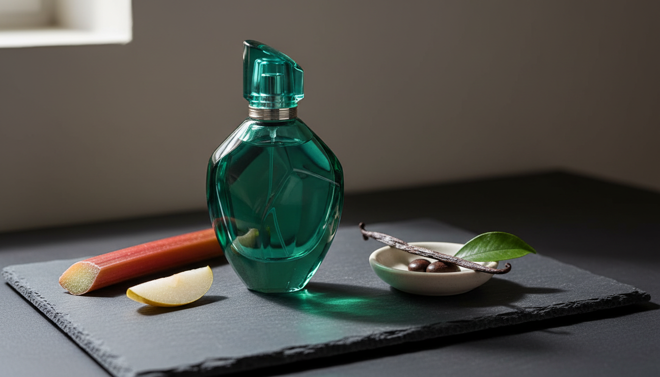 Frasco esmeralda do perfume sobre base de pedra com ruibarbo cortado, fatia de pera e fava de baunilha em prato cerâmico, em iluminação natural suave.