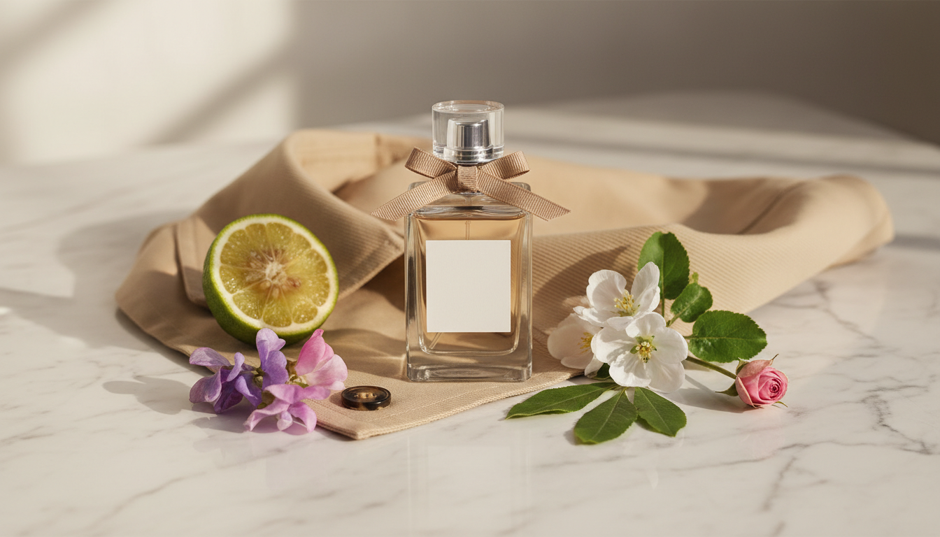 Frasco de perfume elegante com laço de gabardine sobre tecido bege, rodeado por meia-bergamota, flores sweet pea, flor de maçã, folha de patchouli e botão de rosa.