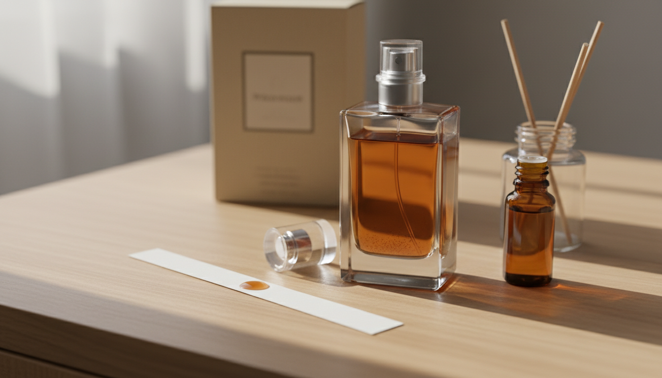 Frasco de perfume sobre penteadeira de madeira com líquido levemente escurecido, tirinha de prova com uma gota, frasco âmbar com óleo e varetas de difusor, caixa ao fundo iluminada por luz natural suave.