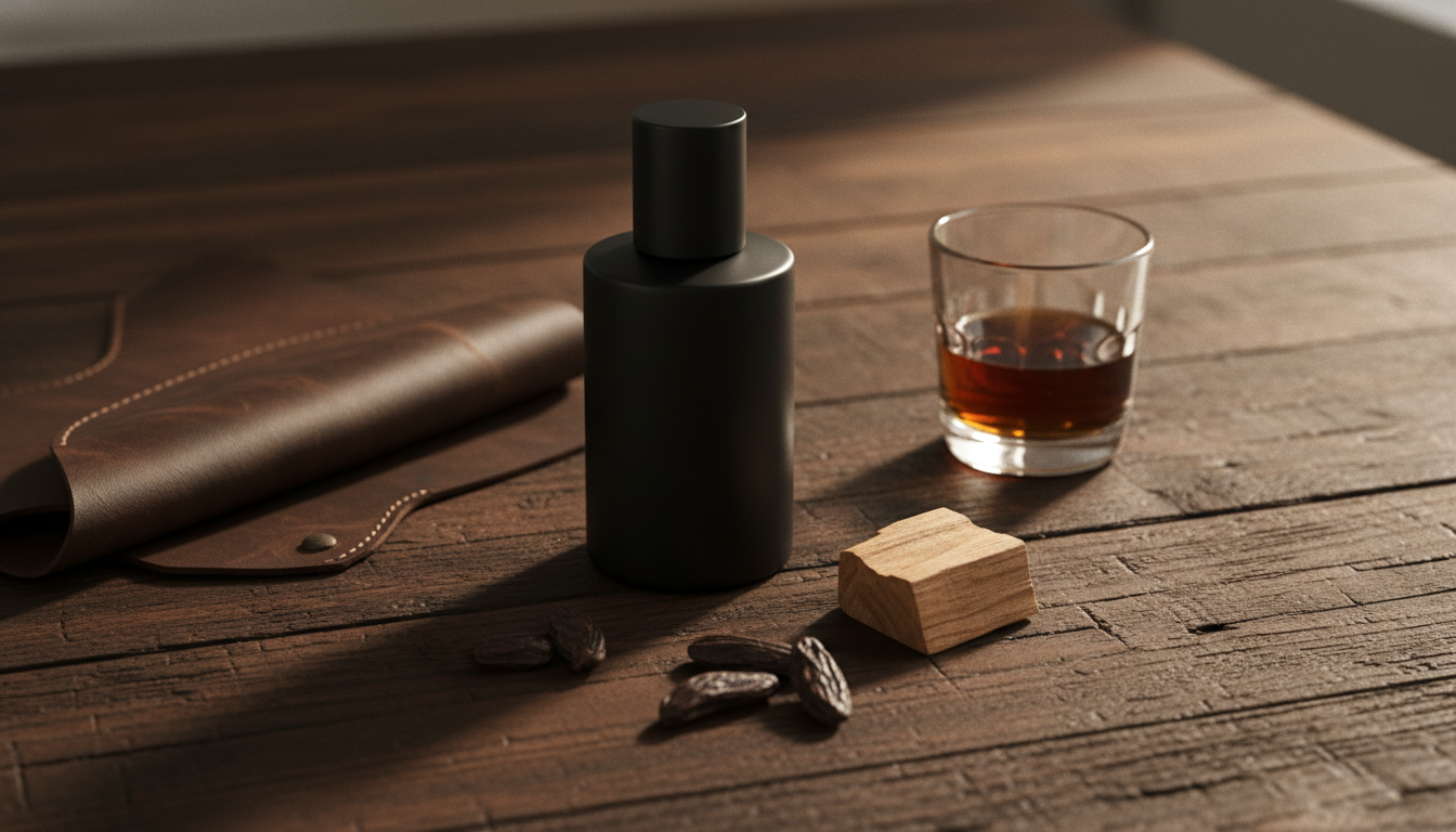 Still-life editorial com um frasco escuro sem marca sobre mesa texturizada, copo com rum, retalho de couro e fava tonka; luz quente e atmosfera noturna.