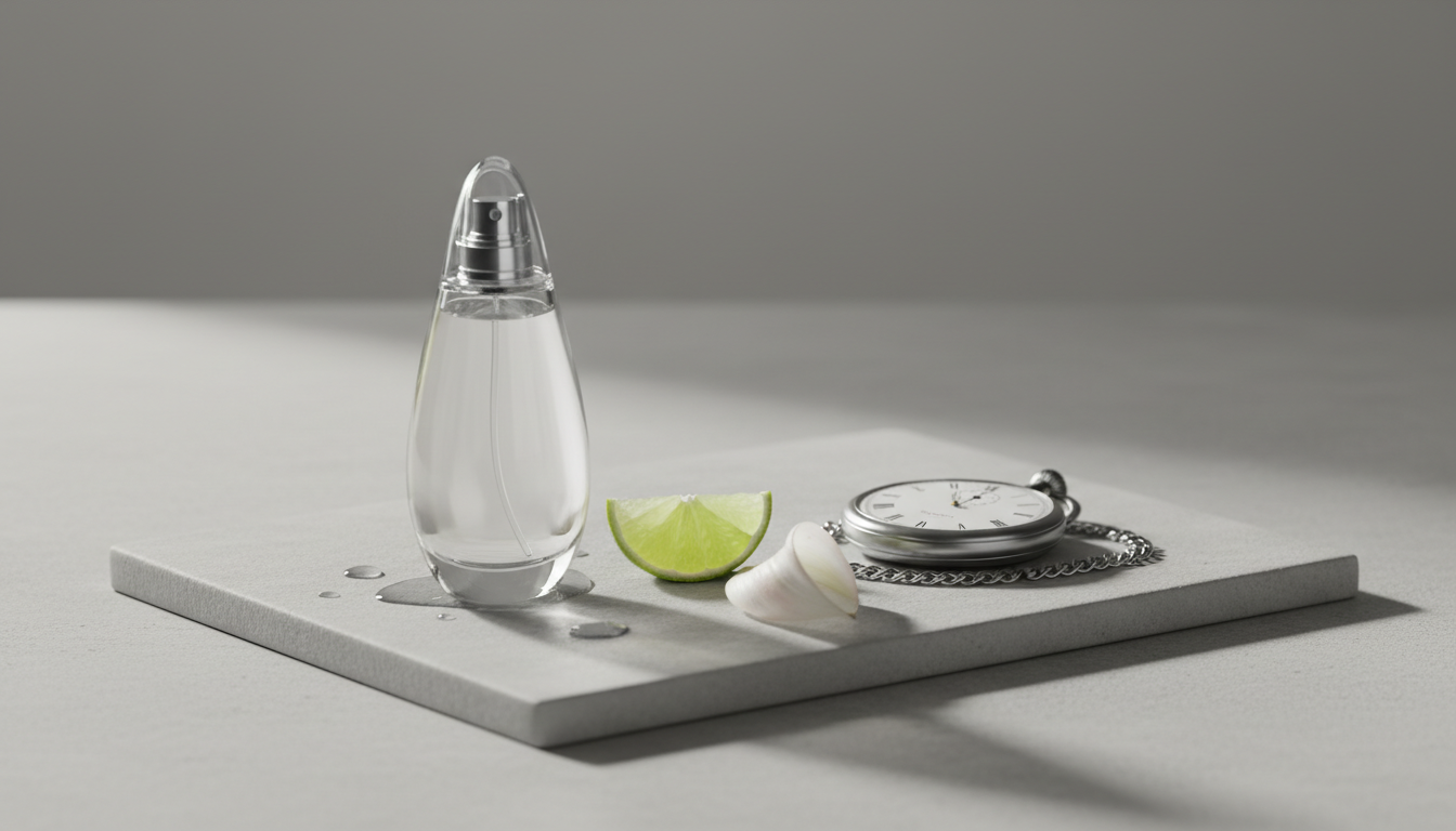 Frasco translúcido alongado de perfume sobre superfície de pedra com rodelas de lima, uma pétala de lírio branca e um pequeno cronômetro, iluminação natural suave.
