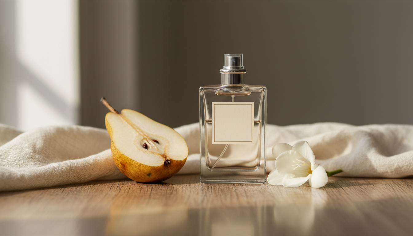 Frasco de perfume minimalista sobre mesa de madeira, com meia pera cortada e uma flor de frésia ao lado, iluminação natural editorial.