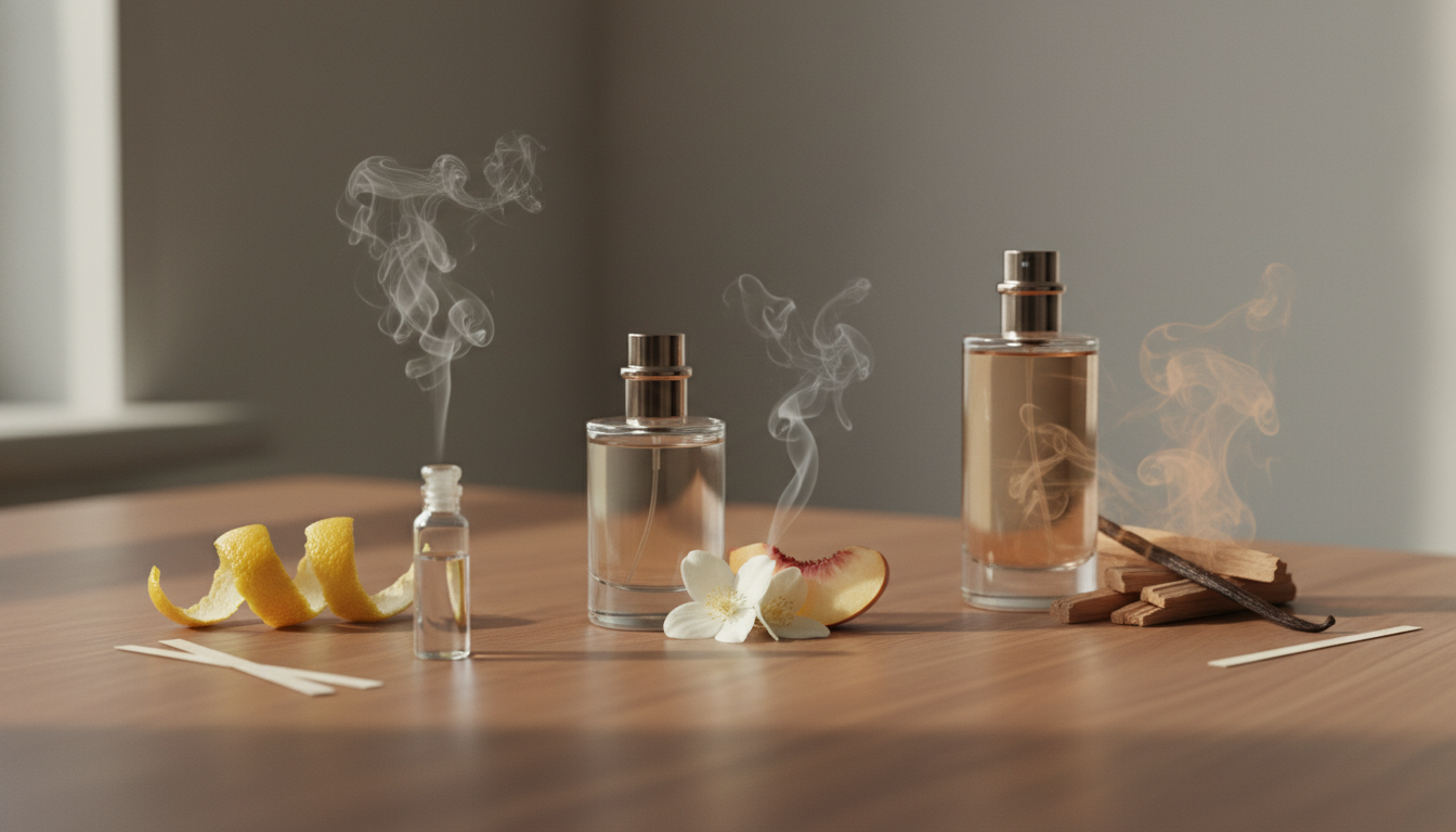 Natureza-morta editorial com três frascos de vidro em mesa de madeira, cada um acompanhado por ingredientes: casca de cítrico com vapor leve, pétalas de jasmim e fatia de pêssego, lascas de sândalo e fava de baunilha com vapor mais denso.