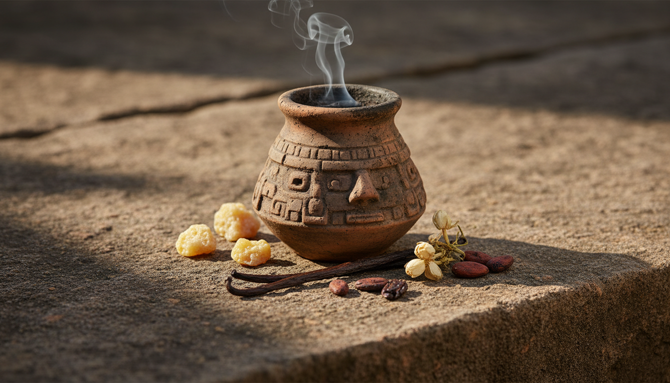 Incensário cerâmico maia com fumaça sutil sobre uma pedra, cercado por pedaços de copal, vagem de baunilha, flores de jasmim e grãos de cacau.