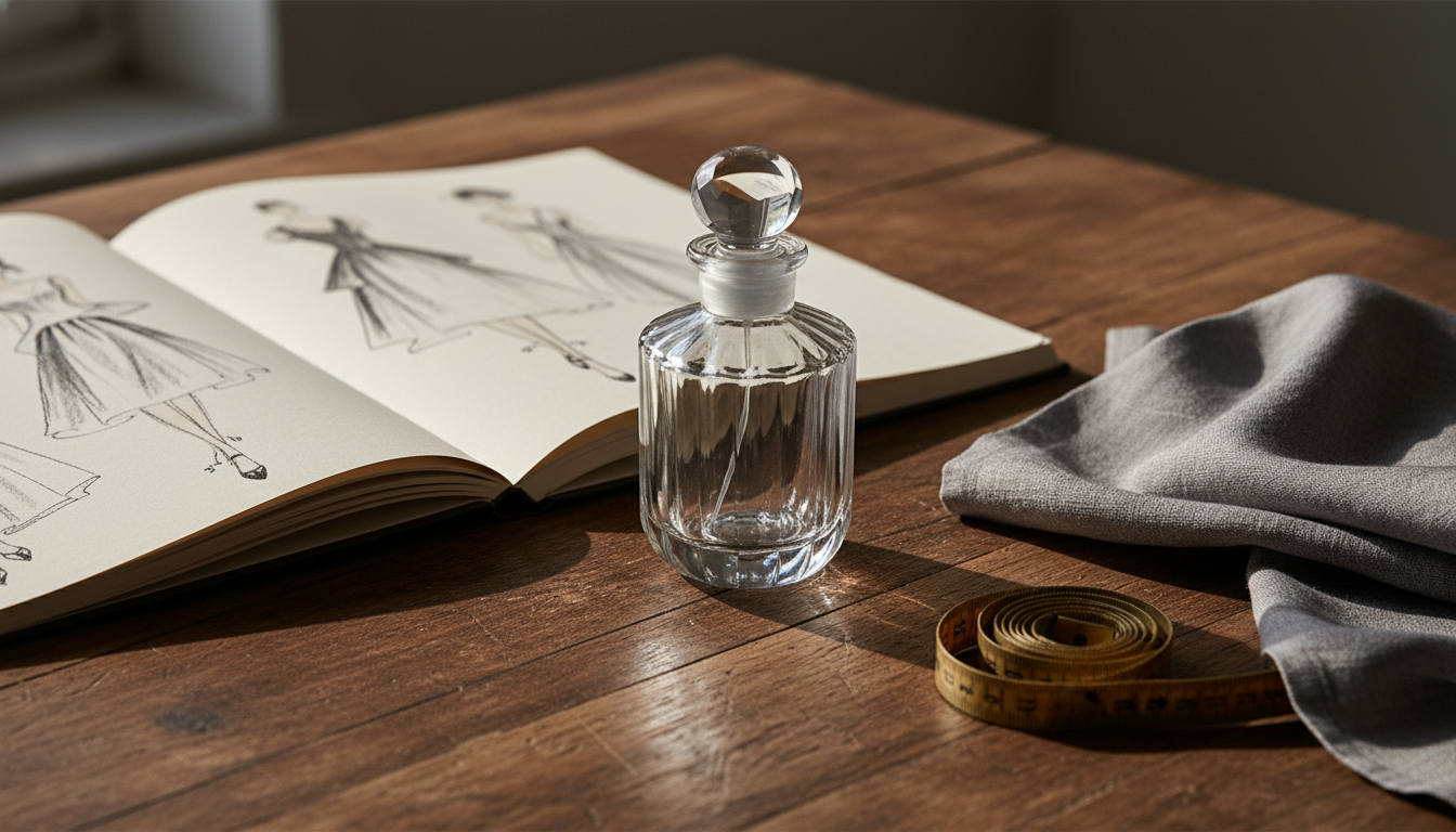 Frasco clássico de perfume sem rótulo sobre mesa de atelier, com caderno de croquis aberto e amostra de seda dobrada ao lado, iluminado por luz natural.