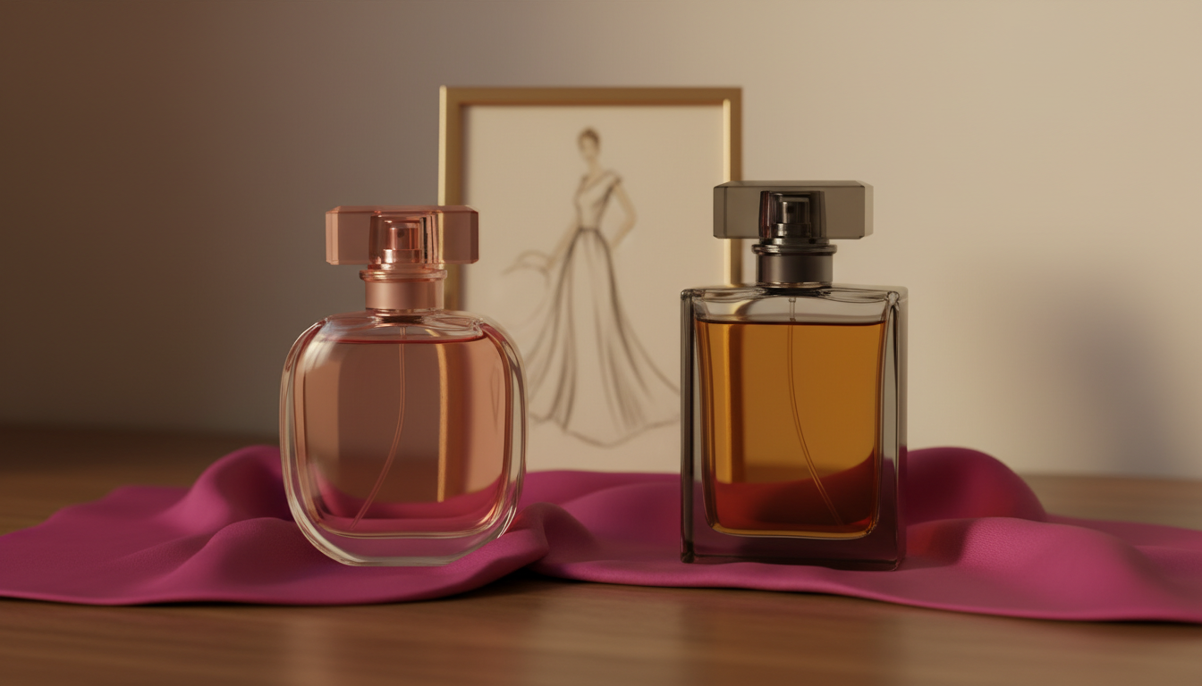 Natureza-morta editorial com dois frascos de perfume sobre mesa de madeira, lenço de cetim magenta e um desenho de moda vintage desfocado ao fundo.