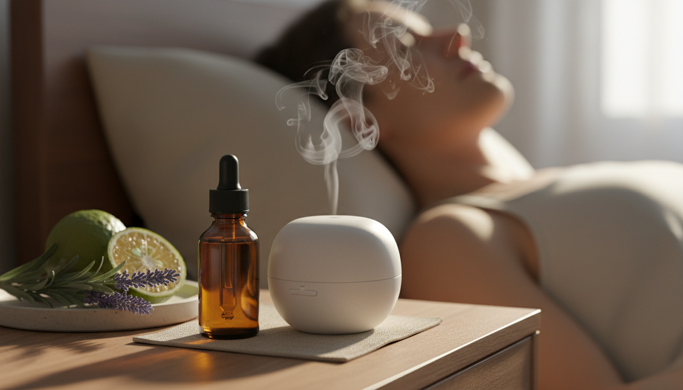 Mesa de cabeceira com frasco âmbar de óleo essencial e difusor emitindo vapor suave, com lavanda e meia bergamota; figura parcial desfocada ao fundo em ambiente tranquilo.