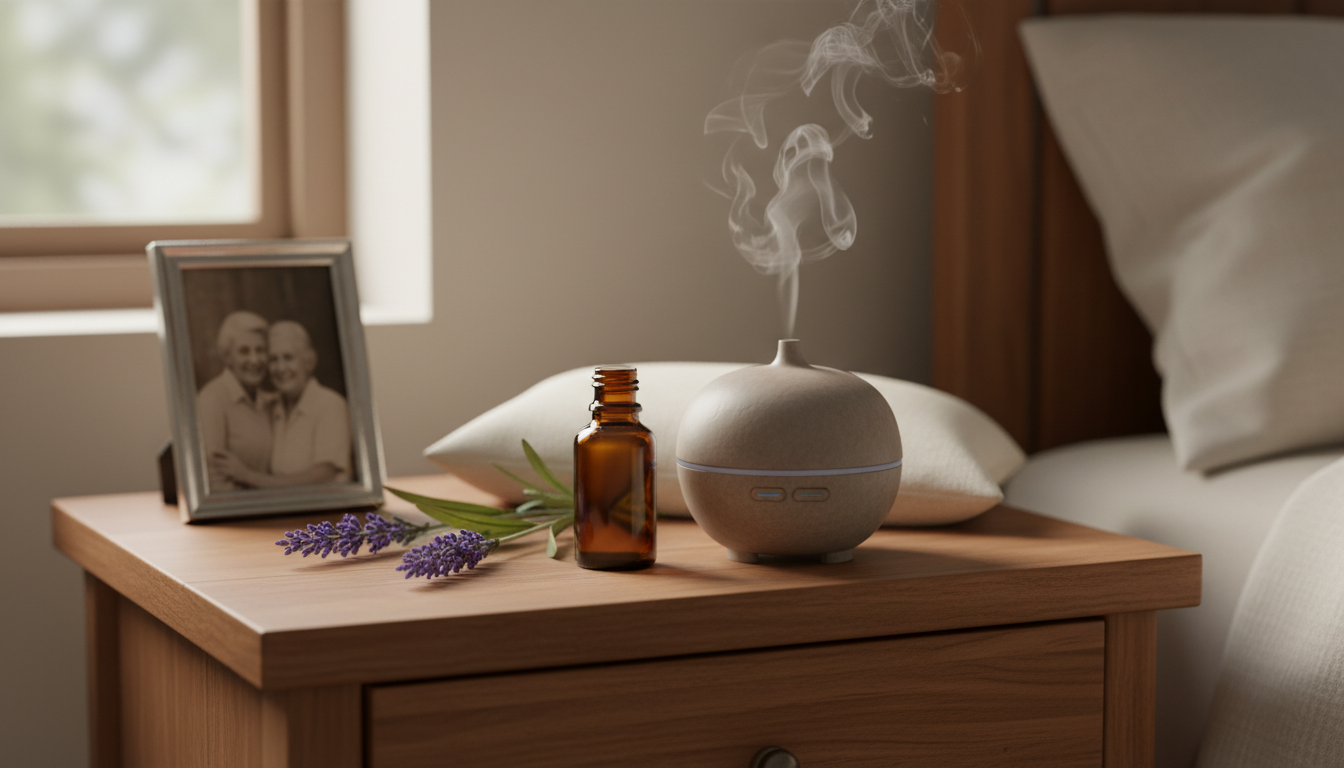 Difusor doméstico emitindo névoa suave sobre um criado‑mudo com frasco âmbar, ramo de lavanda e foto antiga desfocada ao fundo, sugerindo aromaterapia para conforto e memória.