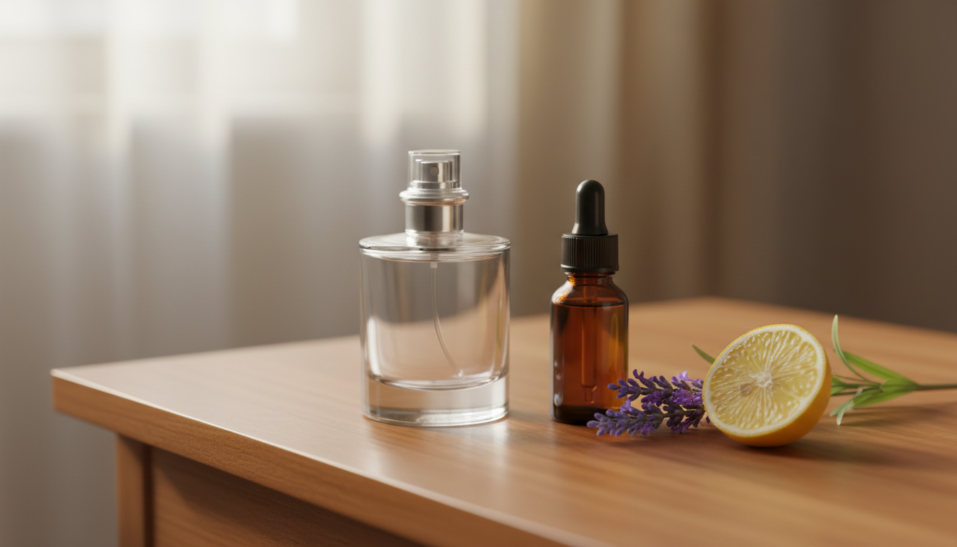 Frasco de perfume de vidro claro sobre mesa de madeira com um pequeno frasco âmbar de óleo essencial, ramo de lavanda e fatia de limão, luz natural suave.