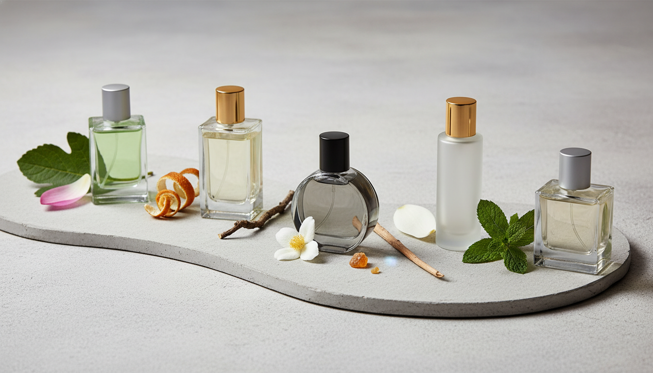 Cinco frascos de perfume sem rótulos dispostos sobre uma laje de pedra clara, cada um acompanhado por um elemento botânico (folha de figo, casca cítrica, resina âmbar, pétala de magnólia, ramo de hortelã); iluminação natural suave e estética editorial.