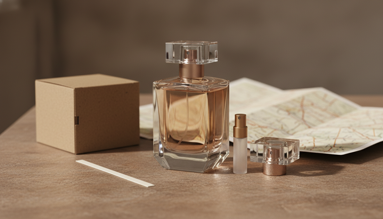 Frasco de perfume premium em destaque com refil reutilizável sobre superfície de pedra, mapa de viagem dobrado e embalagem reciclada ao fundo, fotografia editorial clara e elegante.