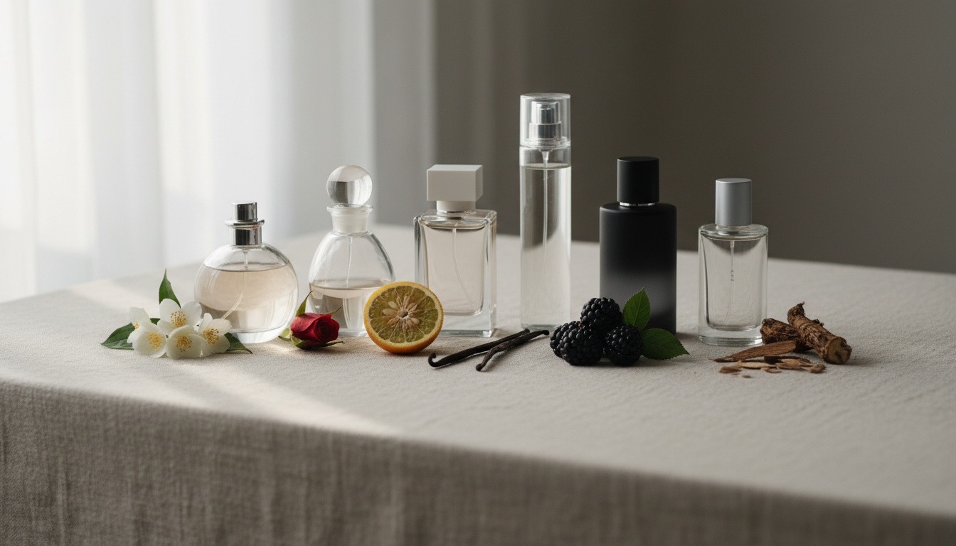 Seis frascos de perfume distintos, sem rótulos, arranjados sobre mesa de linho; cada frasco acompanhado por um pequeno elemento olfativo (jasmim, rosa, bergamota, baunilha, amora, vetiver/cedro) em luz natural suave.