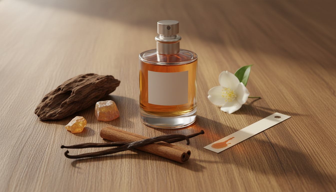 Frasco de perfume âmbar sem rótulo sobre mesa de madeira, rodeado por pedaço de oud, fragmento de âmbar, fava de baunilha, pau de canela, flor de jasmim e tira de papel olfativo levemente manchada.