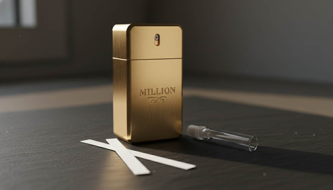 Frasco dourado em forma de lingote apoiado sobre superfície escura, com duas tiras de papel para teste e um pequeno frasco decant ao lado, iluminação lateral suave.