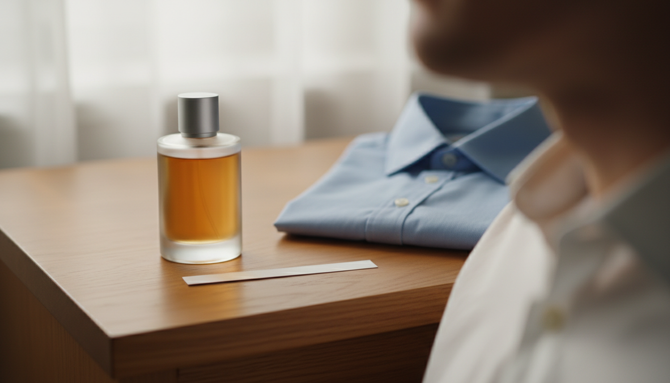 Frasco de perfume masculino sem rótulo apoiado em mesa de madeira, com pescoço e colarinho de camisa masculinos desfocados ao fundo, em luz natural editorial.