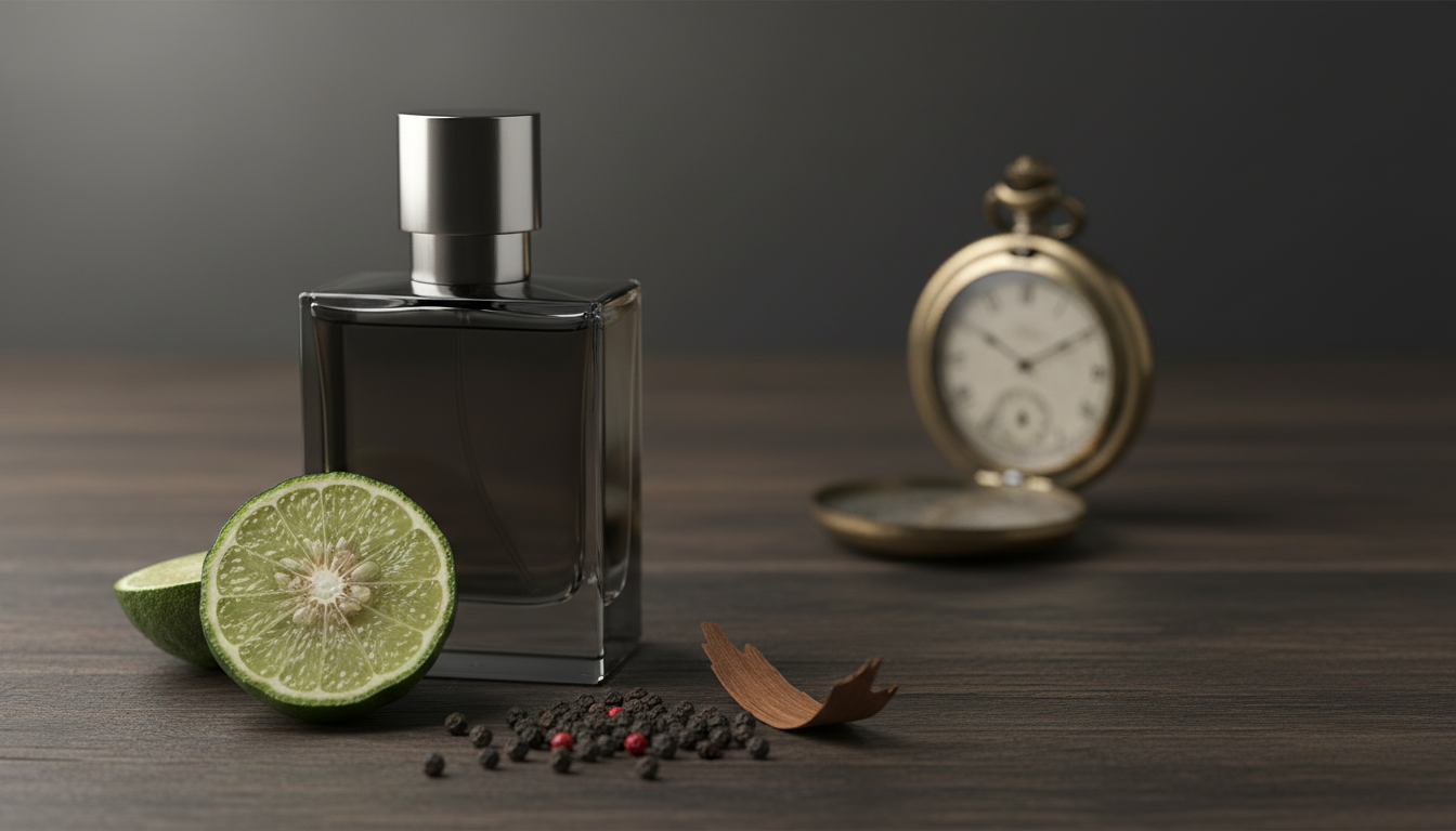 Frasco de perfume premium sem marca sobre superfície de madeira escura, com meia bergamota fatiada, pimenta‑do‑reino, lasca de cedro e um relógio de bolso desfocado ao fundo.