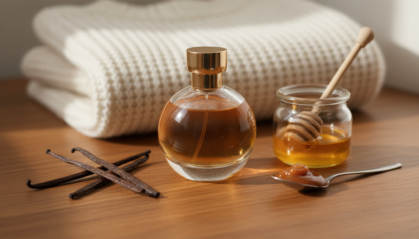 Frasco de perfume elegante sobre mesa de madeira com vagens de baunilha, pote de mel com colher e colher com caramelo, suéter de lã ao fundo, luz natural quente.