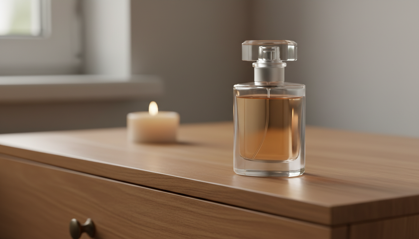 Frasco de perfume de vidro sobre superfície de madeira com uma vela pequena acesa desfocada ao fundo, sugerindo risco de inflamabilidade.