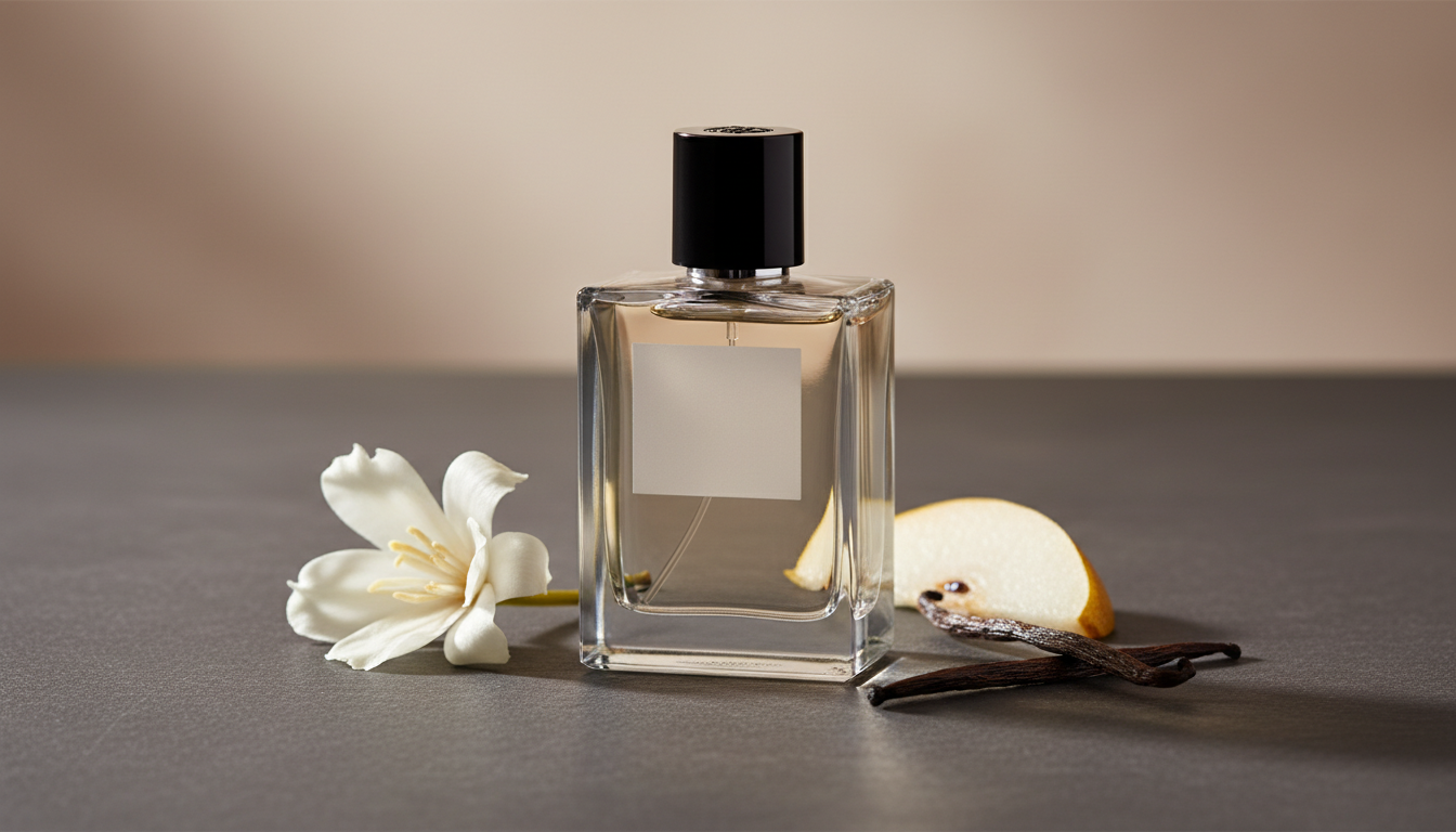 Frasco elegante e translúcido de perfume sobre superfície de pedra escura, com uma tuberosa branca, uma fatia de pera e uma fava de baunilha ao lado, iluminação suave editorial.