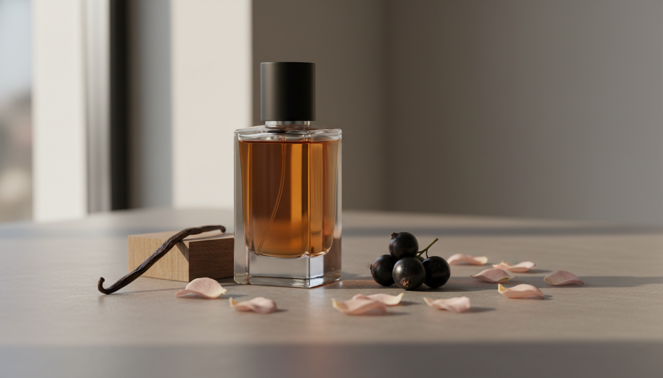 Frasco de perfume elegante sobre pedra fosca com groselhas, pétalas de rosa secas e uma fava de baunilha.