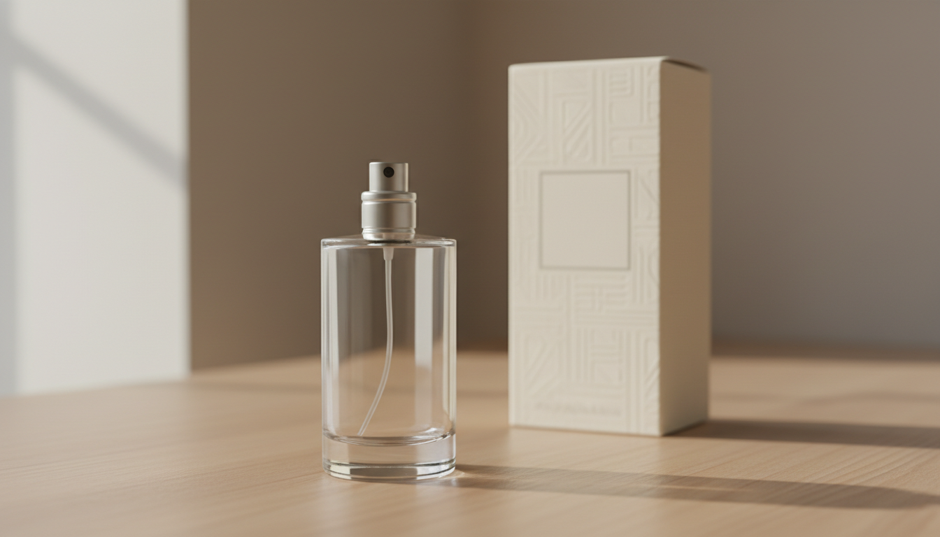 Frasco tester de perfume sem tampa em foco sobre balcão de madeira, com frasco comercial e caixa elegante desfocados ao fundo