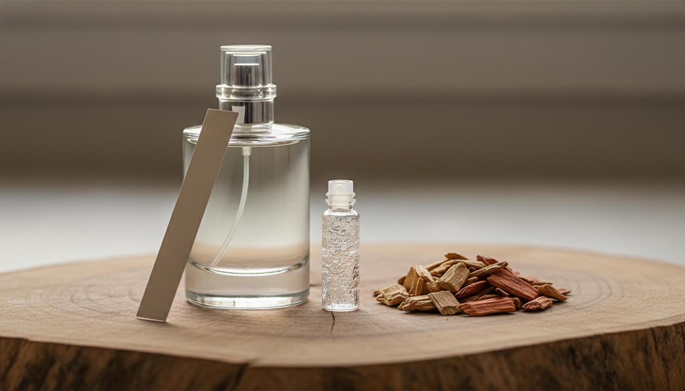 Frasco de perfume sem rótulo sobre tábua de madeira com lascas de sândalo/cedro e uma tira de papel de teste, em iluminação natural editorial.