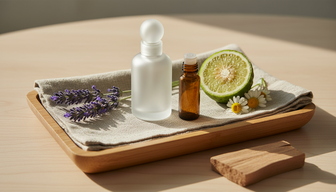 Frasco de perfume e roll-on sobre bandeja de madeira com ramo de lavanda, metade de bergamota e flores de camomila, iluminação natural suave.
