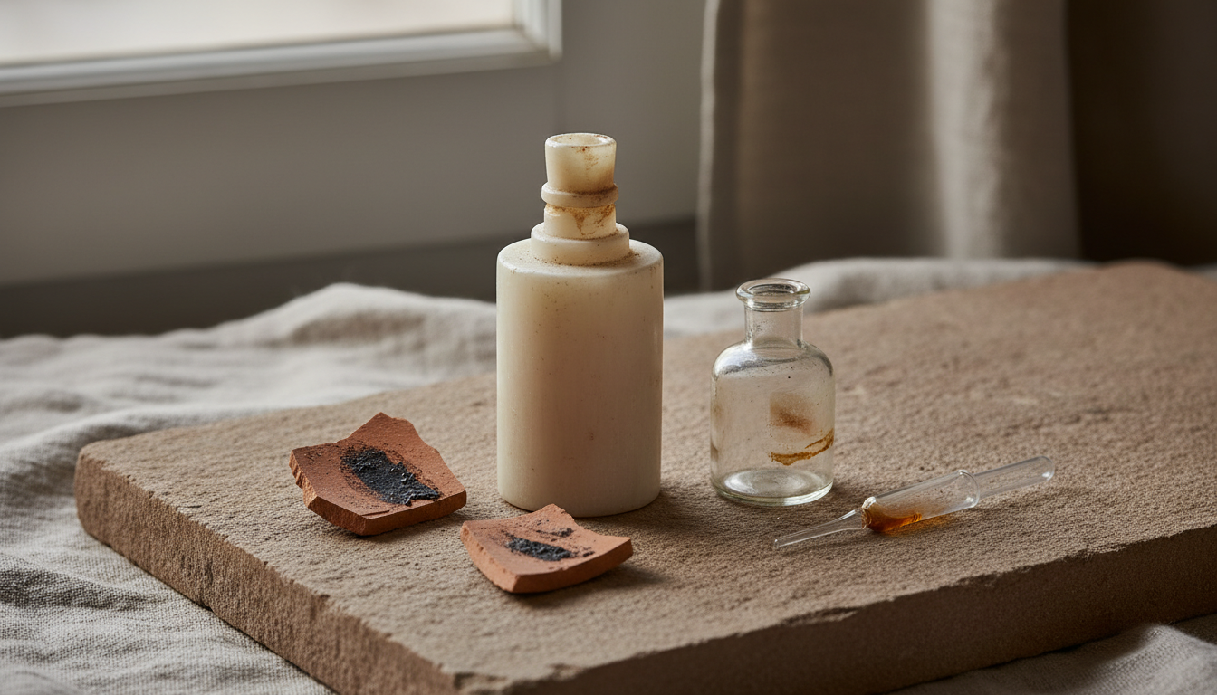 Frascos arqueológicos de perfume (alabastro, vidro soprado e cerâmica quebrada) com resíduos visíveis e um microfrasco moderno sobre uma laje de pedra.