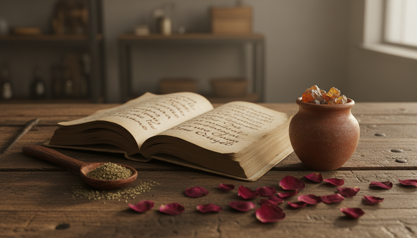 Manuscrito antigo aberto sobre mesa de madeira com receita manuscrita de perfume, jarro de argila com resinas, pétalas de rosa secas e colher de madeira.
