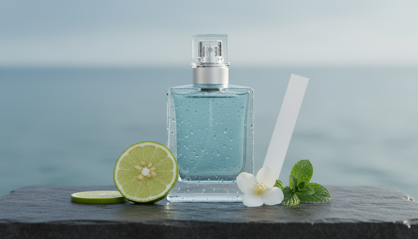 Frasco de perfume aquático translúcido com gotas sobre pedra molhada, ao lado de fatia de bergamota, flor de jasmim e folha de hortelã.