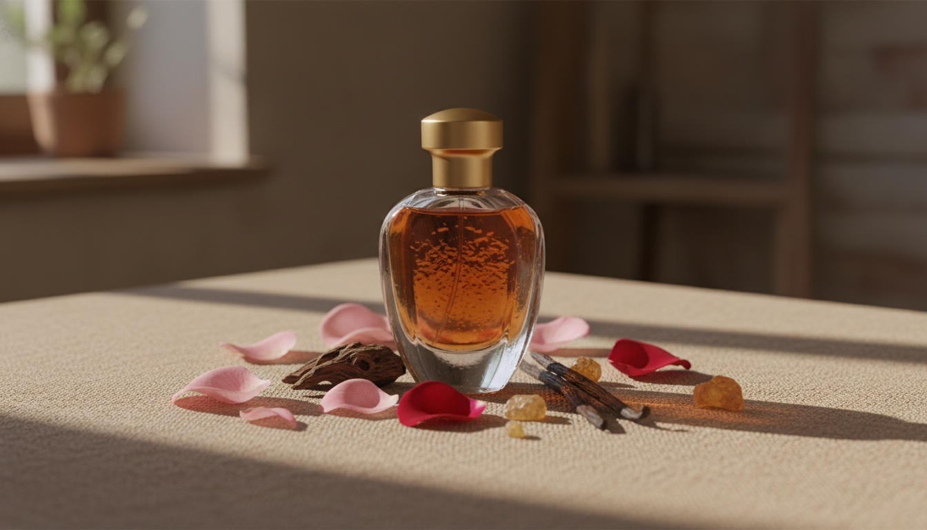 Frasco de perfume árabe ornamentado sobre tecido texturizado, acompanhado por pedaço de oud, pétalas de rosa, fava de baunilha e resina âmbar, iluminado por luz natural suave.