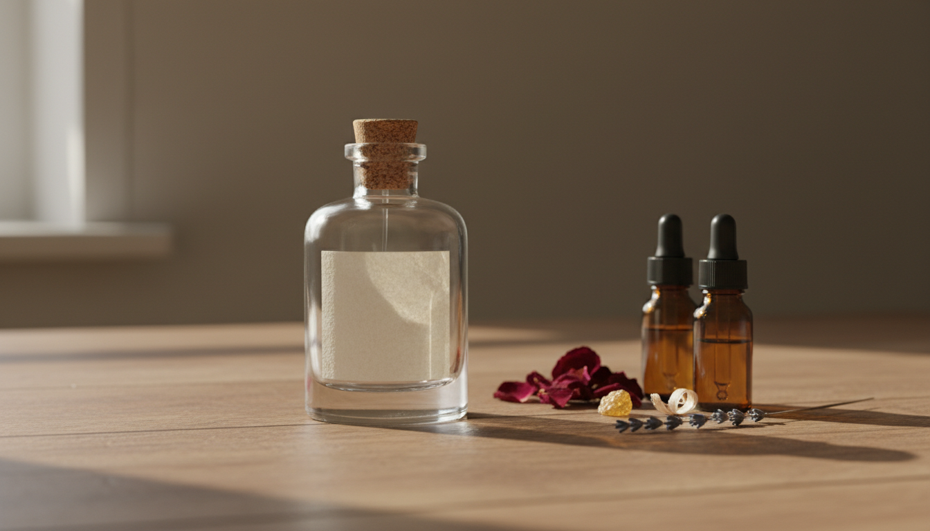 Frasco artesanal de perfume sobre bancada de madeira, com frascos âmbar, pétalas secas e resina, iluminação natural suave